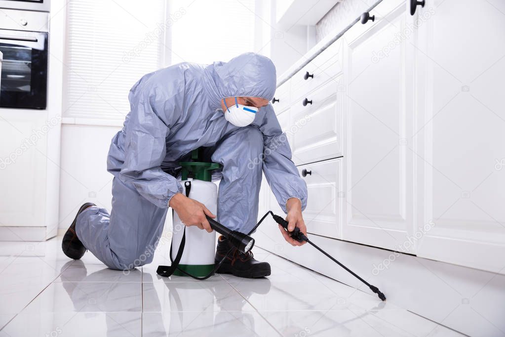 Male Exterminator Wearing Safety Cloths Spraying Pesticide In Kitchen 