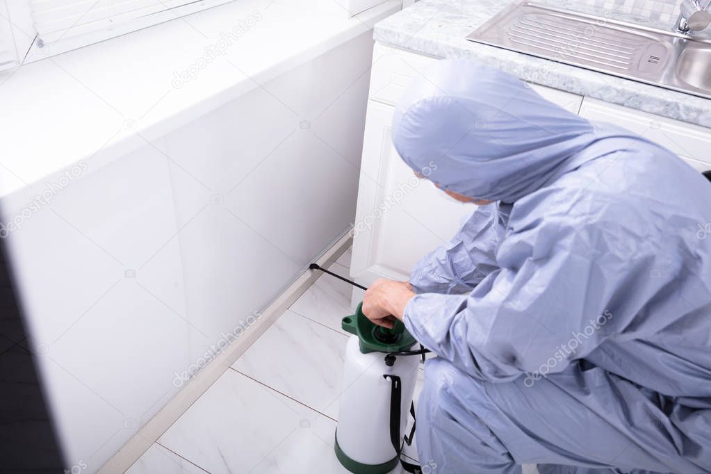 Male Exterminator Wearing Safety Cloths Spraying Pesticide In Kitchen 