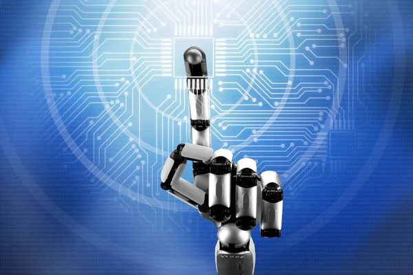 Close Robotic Hand Touching Digital Circuit Board — Stock Photo, Image