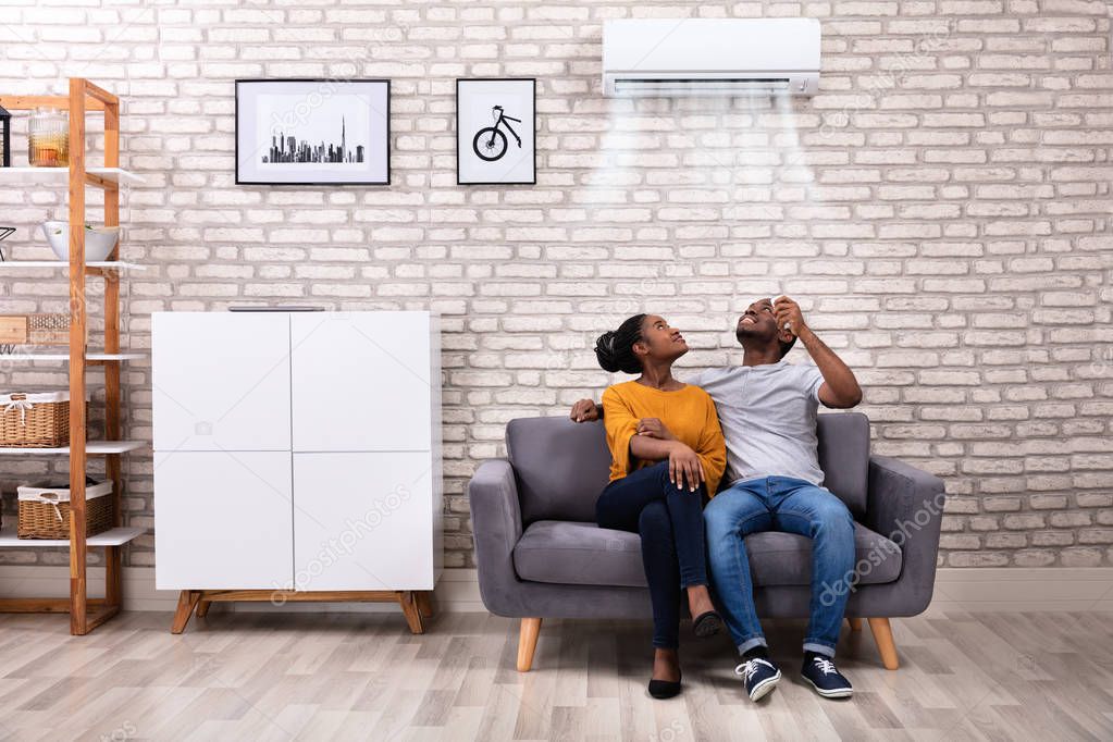 Young African Couple Sitting On Sofa Operating Air Conditioner At Home
