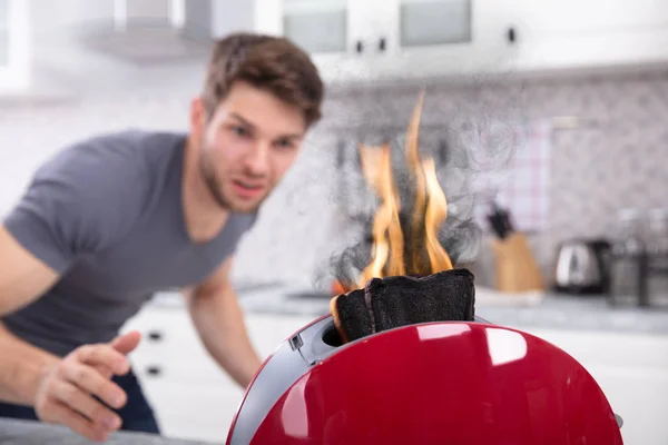 Portrait Scary Man Looking Slice Burn Coming Out Toaster — Stock Photo, Image