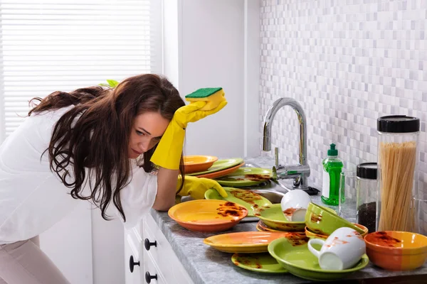Side View Tired Young Woman Leaning Sink Dirty Utensils Kitchen — Stock Photo, Image