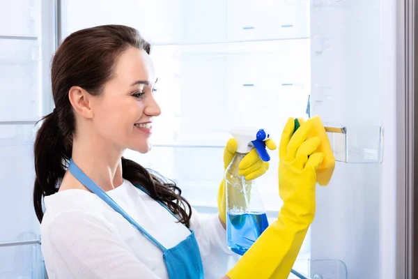 Rear View Young Woman Wearing Gloves Cleaning Refrigerator Sponge — Stock Photo, Image