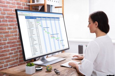 Gantt grafiği Office bilgisayarda analiz profesyonel genç işkadını Close-up