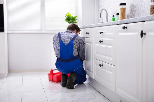 Plombier Masculin Outre Boîte Outils Rouge Évier Fixation Dans Cuisine — Photo