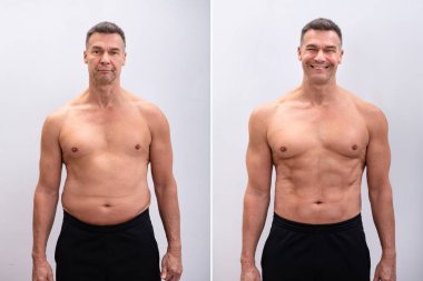 Beyaz arka planda kilo vermeden önce ve sonra olgun bir adamın portresi. Vücut şekli rötuşlama sırasında değiştirilmiş