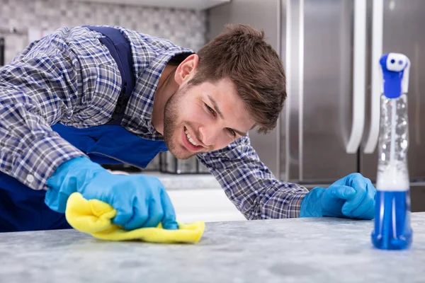 Close Young Man Cleaning Dirty Kitchen Counter Napkin — Stock Photo, Image