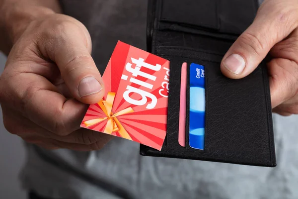 Close Human Hand Removing Red Gift Card Wallet — Stock Photo, Image