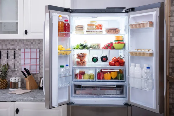 Refrigerador Abierto Lleno Frutas Verduras Frescas — Foto de Stock