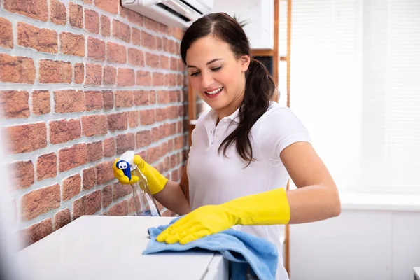 Smiling Young Woman Cleaning Furniture Spray Bottle Home — Stock Photo, Image