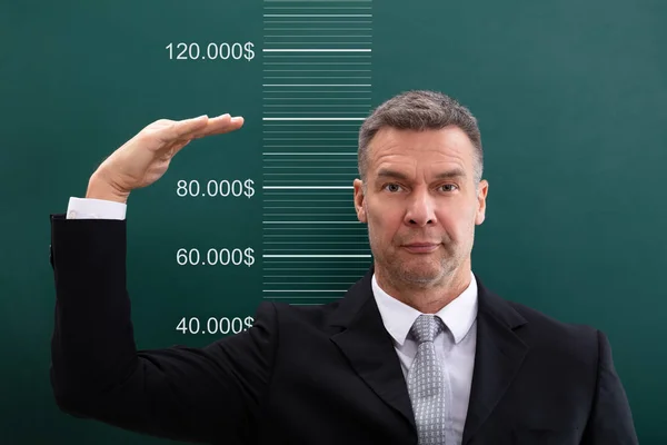 Portrait Mature Businessman Comparing His Salary Profit — Stock Photo, Image