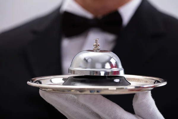 Mid Section Male Waiter Hand Holding Service Bell Plate — Stock Photo, Image