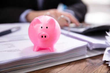 İşadamı klasör üzerinde pembe servet önünde fatura hesaplama