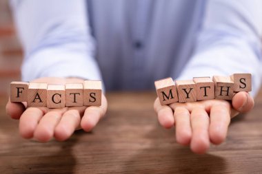 Gerçekler ve Mitler bloklar üzerinde ahşap Resepsiyon Balancing yakın çekim işadamı el
