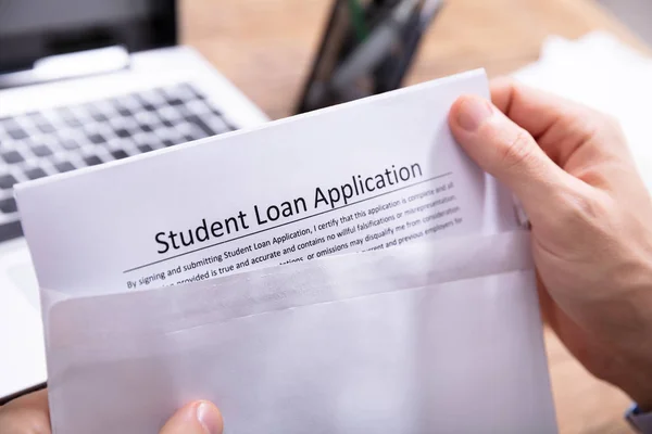 Close Person Hand Removing Student Loan Application Form White Envelope — Stock Photo, Image