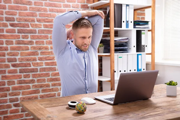 Portrait Happy Businessman Stretching His Arms While Looking Laptop Office — Stock Photo, Image
