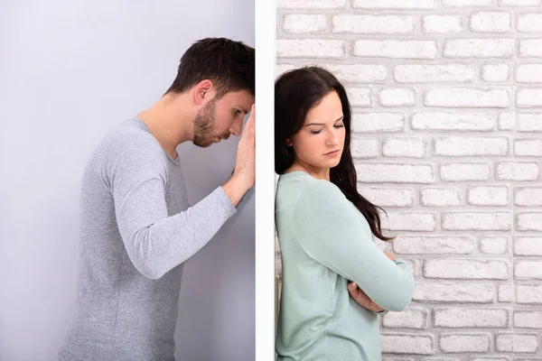 Side View Young Unhappy Couple Standing Back Back Home — Stock Photo, Image