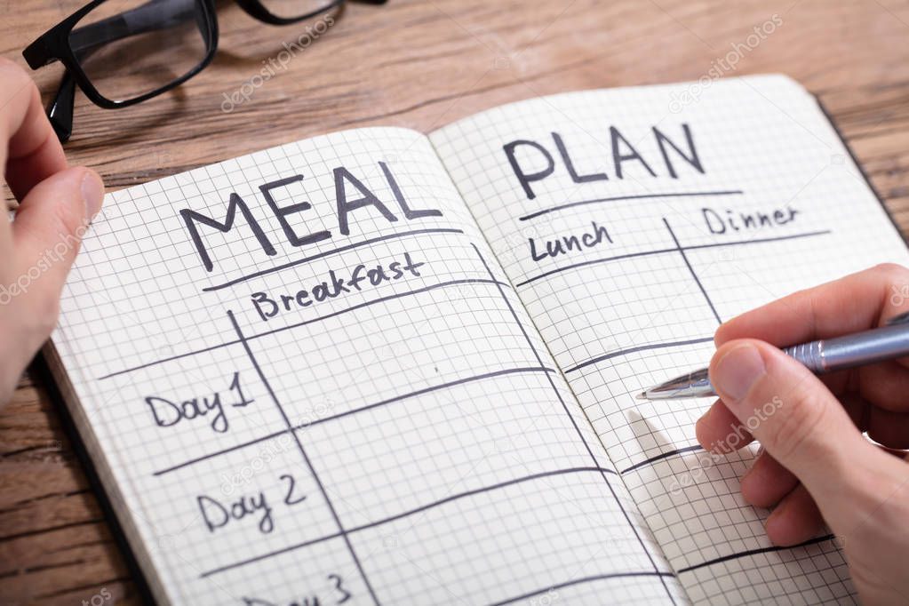 Close-up Of A Human Hand Filling Meal Plan In Checkered Pattern Notebook