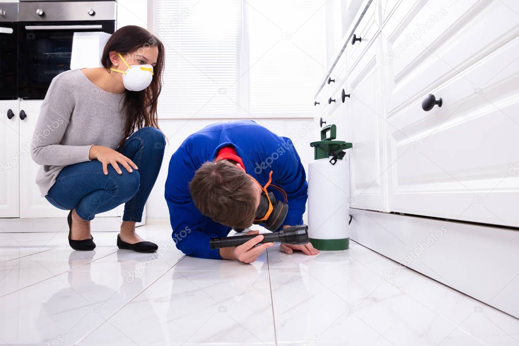 Woman Looking At Male Pest Control Worker Spraying Pesticide On Wooden Cabinet