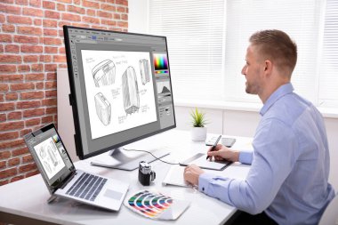 Grafik Tablet kullanma Office bilgisayarda tasarımcı çizim bavul yan görünüm
