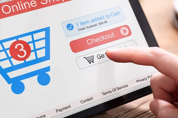 Person Hand Using Online Shopping Tablet Cart Screen — Stock Photo, Image