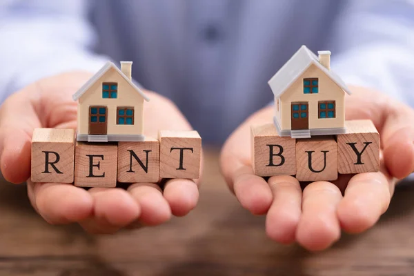 Close Businessman Hand Balancing Rent Buy Blocks House Model — Stock Photo, Image