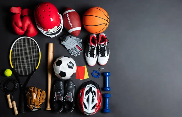 High Angle View Various Sport Equipment Black Background — стоковое фото