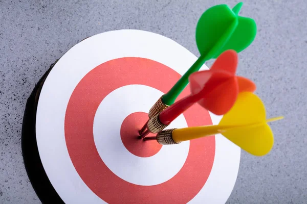 Elevated View Colorful Darts Target Gray Background — Stock Photo, Image