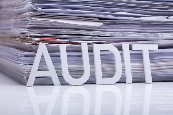 Close Audit Word Stacked Document Reflective Desk — Stock Photo, Image