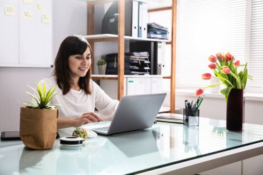 Ofiste dizüstü bilgisayar kullanan gülümseyen genç bir iş kadını.
