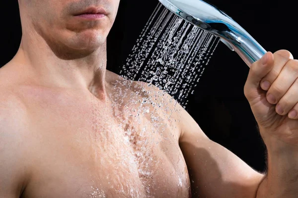 Young Man Taking Shower Bathroom Black Background — Stock Photo, Image