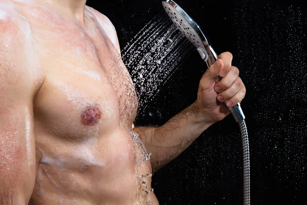 Young Man Taking Shower Bathroom Black Background — Stock Photo, Image