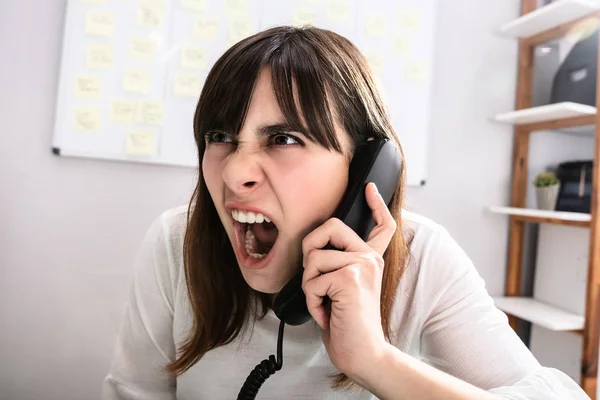 Portrait Shocked Businesswoman Talking Telephone — Stock Photo, Image