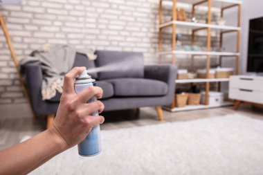 Bir İnsan Eli 'nin yakın plan fotoğrafı Oturma odasında hava spreyi sıkıyor