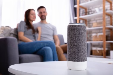 Çift kanepede oturup kablosuz hoparlörden müzik dinliyor.