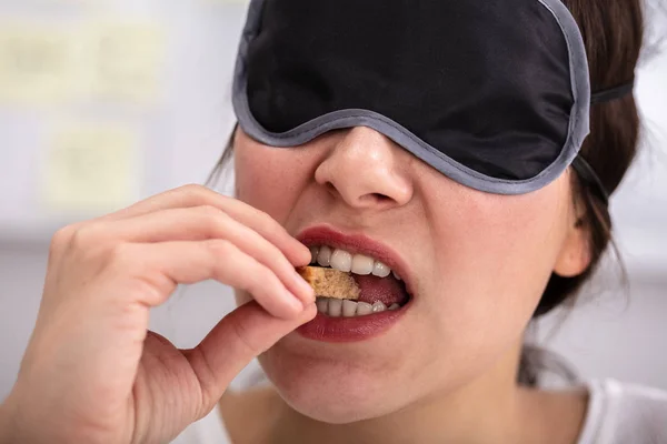 Portrait Blindfolded Young Woman Testing Food — Stock Photo, Image
