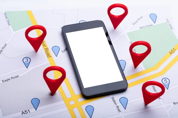 Overhead View Map Red Location Marker Blank Display Mobile Phone — Stock Photo, Image