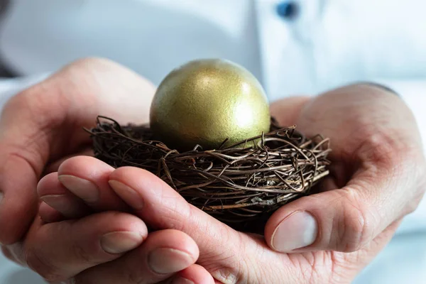 Close Van Handen Van Mens Vasthouden Gouden Klein Nest — Stockfoto