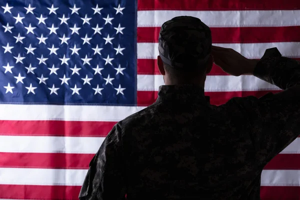 Rear View Military Man Saluting Flag — Stock Photo, Image