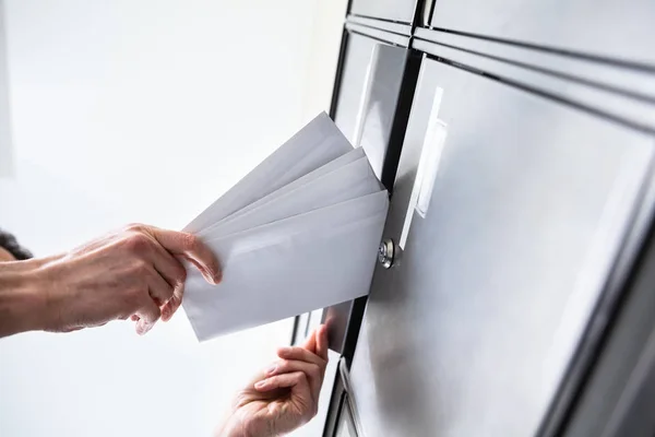 Low Angle View Person Hand Inserting Envelopes Mailbox — Stock Photo, Image