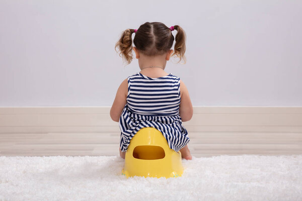 Rear View Of Female Toddler Sitting On A Potty Pot