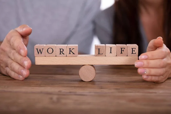 Close Couples Hand Protecting Work Life Wooden Blocks Balancing Seesaw — 스톡 사진