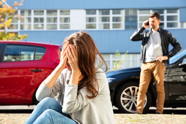 Young Depressed Female Driver Traffic Accident Sitting Road — Stock Photo, Image