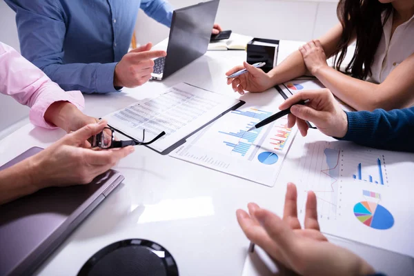 Close Business Colleagues Working Together Data Analysis Paper Desk — Stock Photo, Image