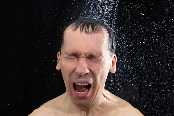 Portrait Young Man Taking Cold Shower Bathroom — Stock Photo, Image