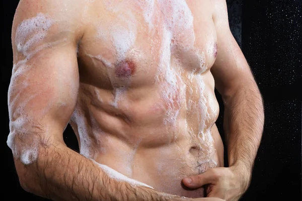 Close Shirtless Man Applying Soap His Body — Stock Photo, Image