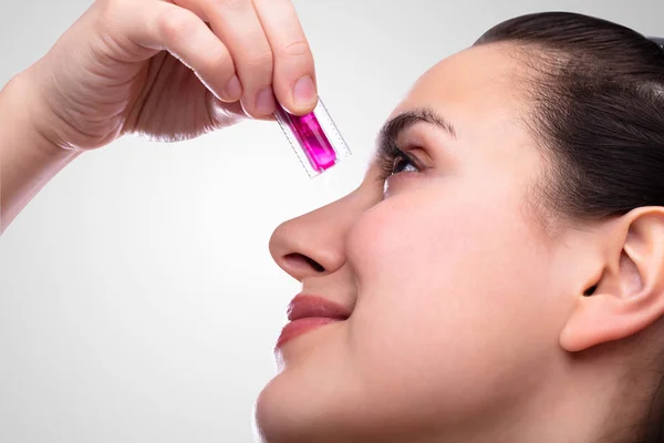 Close Young Woman Hand Squeezing Vitamin Capsule Face — Stock Photo, Image