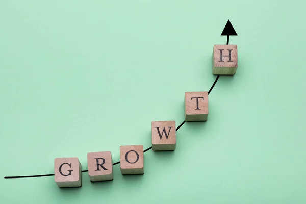 Overhead View Wooden Block Growth Text Increasing Graph — Stock Photo, Image