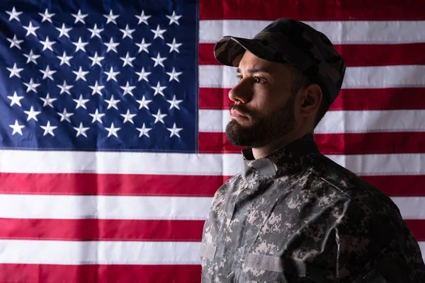 Close Male Solider Standing Front Flag — Stock Photo, Image