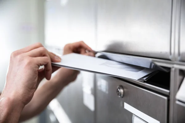 Close Human Hand Inserting Letters Mailbox — Stock Photo, Image